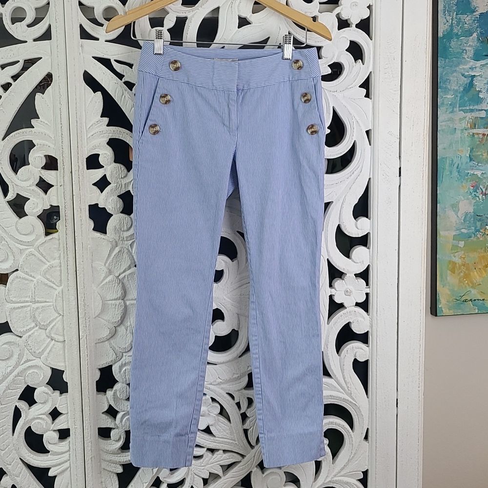 Light Blue Striped Sailor-Button Ankle Pants